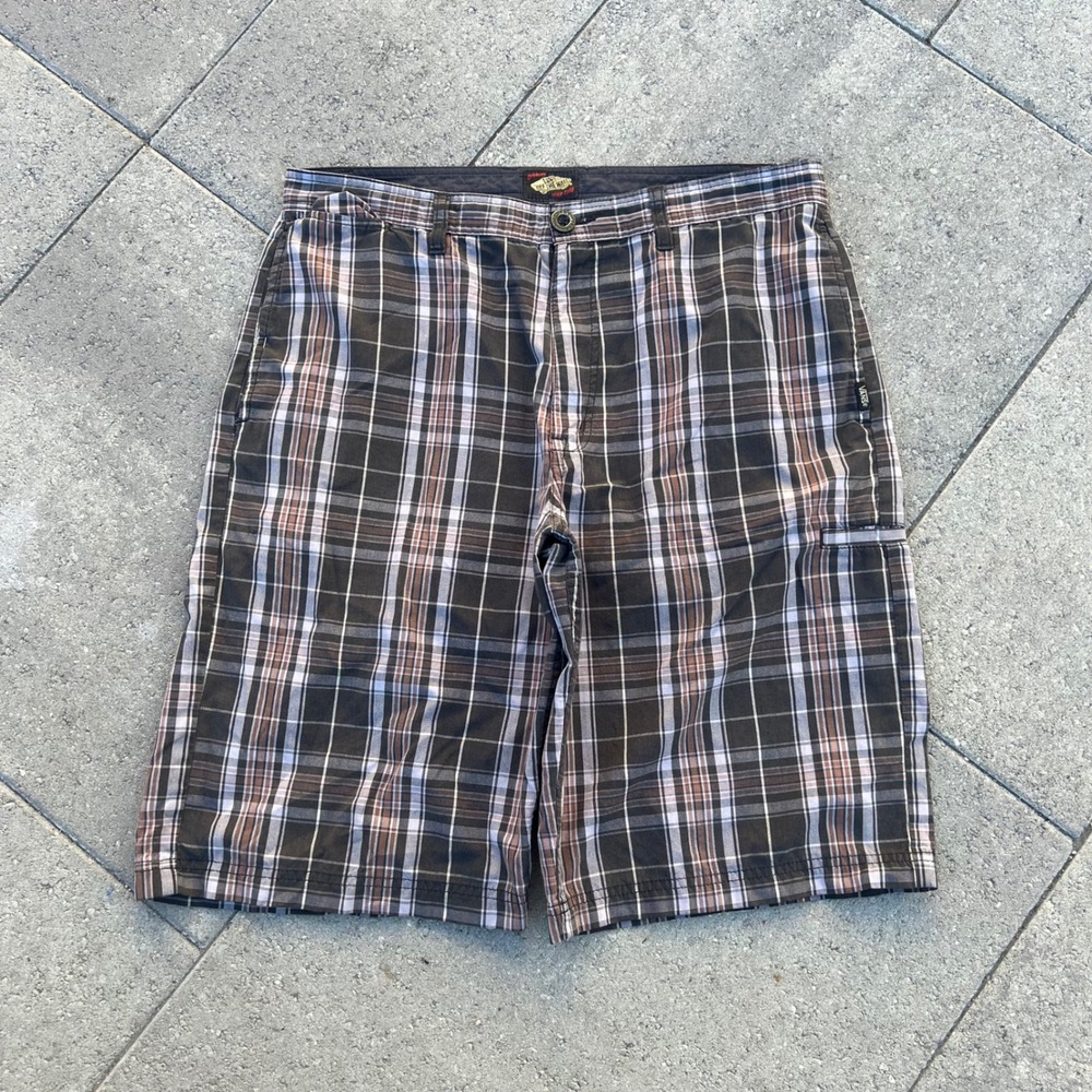 Vans Off The Wall Mens Plaid Shorts Size 34 Brown Tan White Skate Cargo Casual